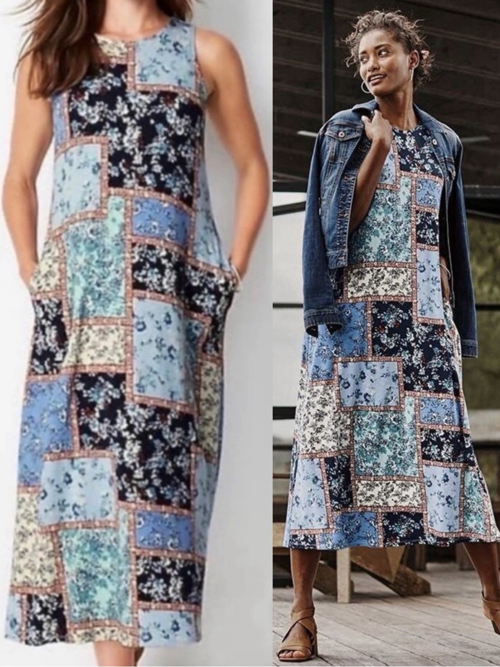 J. Jill Jersey Knit Blue Floral Patchwork Print Midi Dress Size M